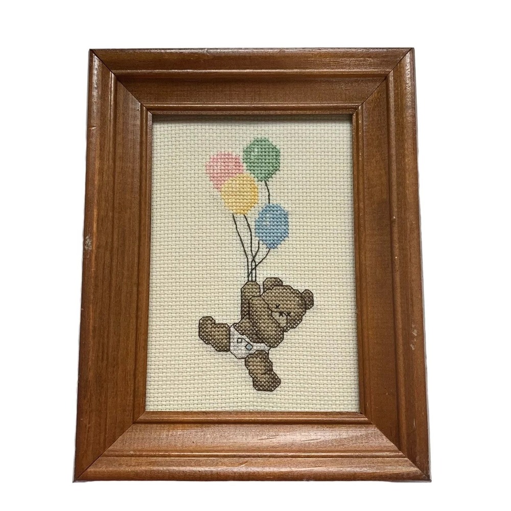 Vtg Needlepoint Embroidery Art Wood Framed w/ Glass Wall Hanging Bear Baloons